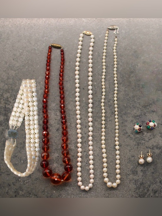 Jewelry - Vintage Jewelry Bundle of Genuine Pearls, Baltic Amber Necklaces and Earrings